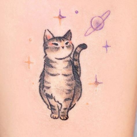 Cat Space Tattoo, Cat Space, Cute Cat Tattoo, Chat Kawaii, Cat Tat, Cat Tattoos, Cat Tattoo Designs, Tattoo Cat, Cute Little Tattoos