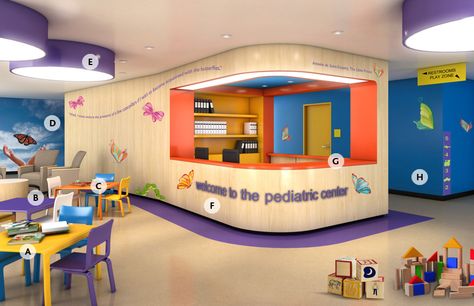 Pediatric Office Decor, Pediatrics Office, Children Hospital Design, Pediatric Office, Hospital Waiting Room, School Office Decor, Waiting Room Design, Kindergarten Interior, Office Waiting Rooms