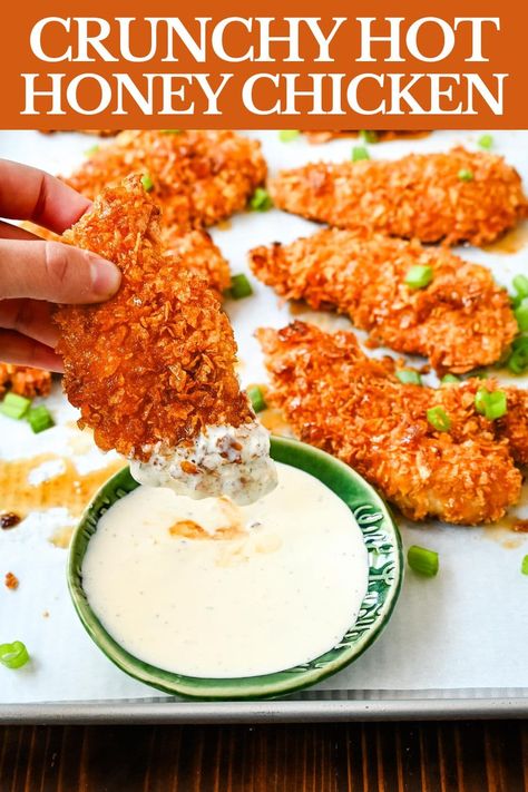 Crispy Hot Honey Chicken Crunchy Honey Chicken, Hot Honey Fried Chicken Tenders, Oven Chicken Tenders, Cornflake Crust, Baked Hot Honey Chicken, Crunchy Hot Honey Chicken, Hot Honey Chicken Tenders, Honey Chicken Tenders, Dinner For Guests