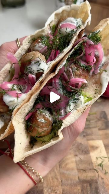 Jordan Zelesnick on Instagram: "@jzeats 🥙 Mediterranean Meatball Pita Pockets 🥙

Comment “pita pita” and I’ll DM you the recipe!

Easy Trader Joe’s meals for the win, always. 💁🏻‍♀️
Plus anything in a pita pocket >>>>

Ingredients ✨
Trader Joe’s party meatballs
Pita
Romaine lettuce, finely chopped
Pickled onions
Tzatziki
Fresh dill

Full recipe also here: https://foodsocial.io/recipe/mediterranean-meatball-pita-pockets/

#pitapockets #traderjoesrecipes #traderjoesmeals #traderjoesfinds" Meatball Pita, Mediterranean Meatballs, Party Meatballs, Pita Pockets, Trader Joes Recipes, Pickled Onions, Trader Joe’s, Fresh Dill, Romaine Lettuce