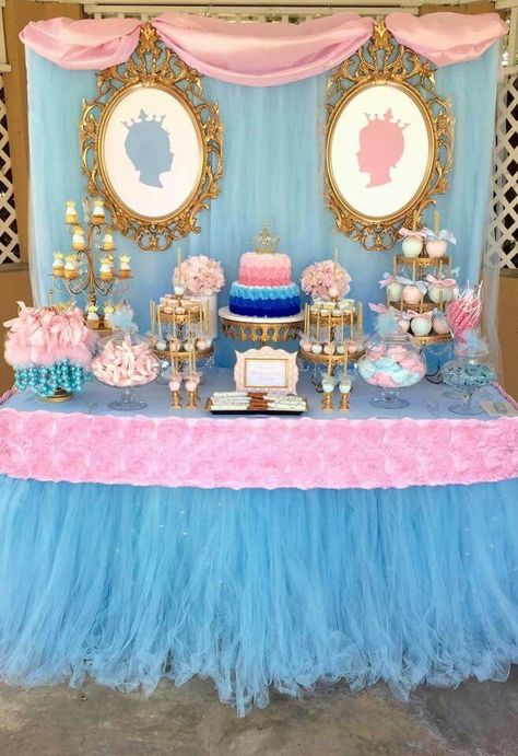 Gender Reveal Theme Ideas, Princess Gender Reveal, Disney Gender Reveal, Gender Reveal Theme, Shower Dessert Table, Baby Shower Dessert, Baby Shower Dessert Table, Gender Reveal Themes, Royal Baby Showers