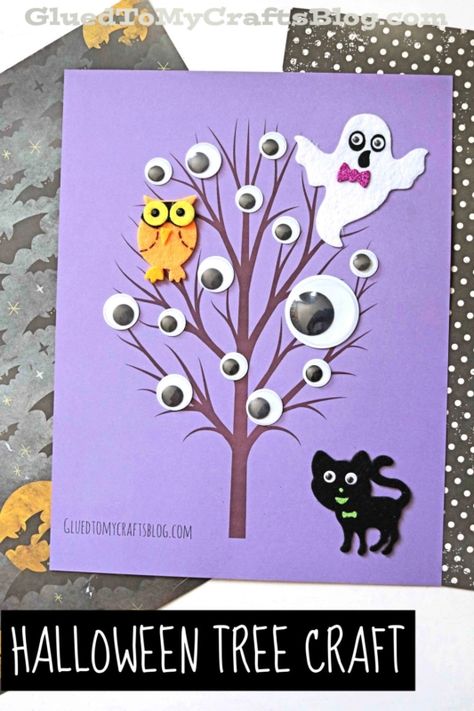 Spooky Halloween Eyeball Tree On Paper - Kid Craft Easy Halloween Craft For Preschool, Simple Kids Halloween Crafts, Halloween Craft Age 8, Halloween Craft For 3rd Grade, Halloween Lesson, Halloween Jars, Halloween Crafts For Toddlers, Halloween Crafts Preschool, Toddler Art Projects