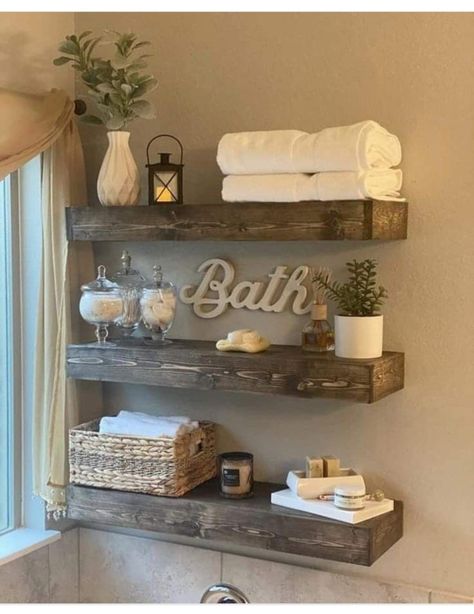 Rustic Garden Tub Decor Master Bath, Bathroom Wood Shelf Ideas, Bathroom Decor Ideas Above Toilet, Over The Toilet Shelves Decor, Bathroom Small Shelf Decor, Restroom Floating Shelves Ideas, Small Bathroom Minimalist Decor, Bathroom Floating Shelves Over Tub, Half Bath Wall Color Ideas