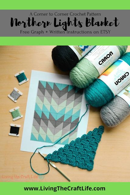 Living the Craft Life: Northern Lights C2C Blanket - FREE GRAPH Corner To Corner Crochet Pattern, Crochet C2c Pattern, C2c Blanket, C2c Crochet Blanket, Diy Crochet Patterns, Corner To Corner Crochet, Green Yarn, Crochet Blanket Afghan, Crochet Hook Set