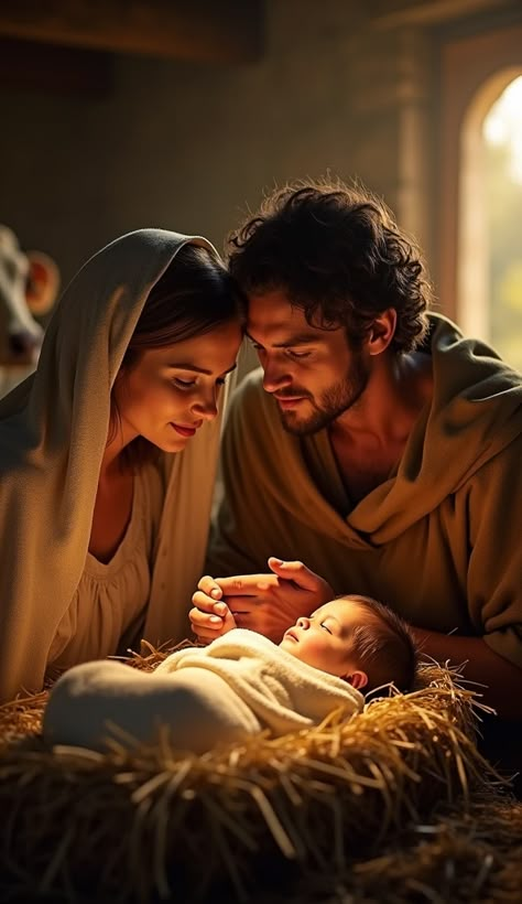 A serene depiction of the Nativity, featuring Mary and Joseph tenderly gazing at baby Jesus, wrapped in swaddling clothes and lying in a manger. The soft, warm lighting illuminates their peaceful expressions, symbolizing love, devotion, and the miracle of Christmas. The rustic setting, with hay and a hint of the stable surroundings, captures the humble beauty of this sacred moment.  #Nativity #Christmas #BabyJesus #MaryAndJoseph #HolyFamily #ReligiousArt #SacredMoment #ChristmasStory #MangerScene #HolyNight #PeacefulAtmosphere #WarmLighting Catholic Nativity Scene, Jesus Baby Christmas, Christmas Mary And Joseph, Joseph Mary And Baby Jesus, Jesus Christ Birth Images, Jesus Birth Images, Birth Of Jesus Art, Christmas Manger Scenes, Christmas Jesus Pictures