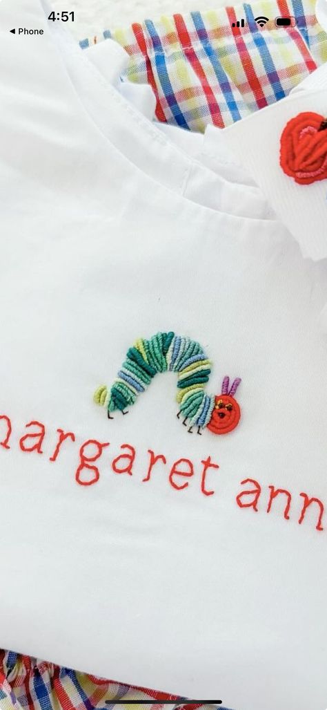 Disney Hand Embroidery Diy, Hungry Caterpillar Embroidery, Initial Embroidery Letters, Caterpillar Embroidery, Kids Embroidery Designs, Hand Stitch Embroidery, Bullion Embroidery, Basic Hand Embroidery, Baby Jackets