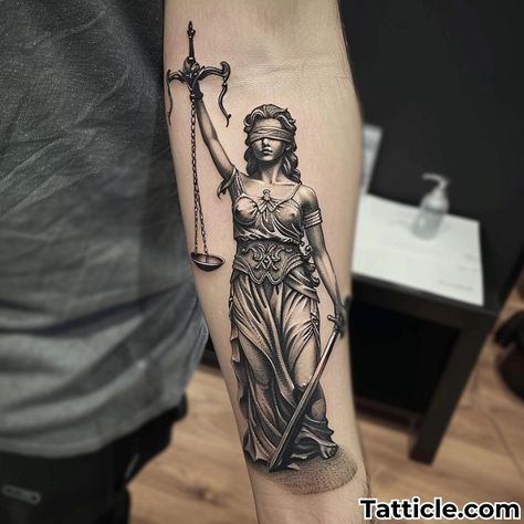 Lady Justice Tattoo Lady Of Justice Tattoo Design, Lady Justice Tattoos, Law Symbol Tattoo, Justice Balance Tattoo, Justice Is Blind Tattoo, Libra Goddess Tattoo Lady Justice, Social Justice Tattoo, Lady Justice Tattoo Sleeve, And Justice For All Tattoo