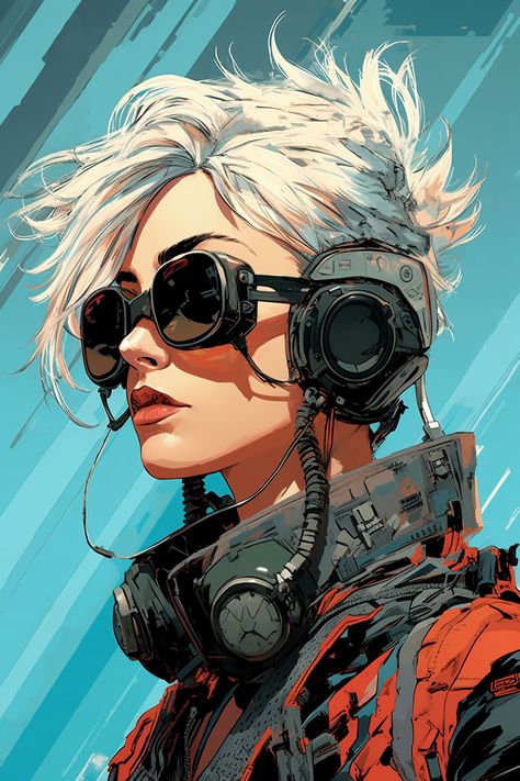 Digital illustration of a young, beautiful cyberpunk woman with blond hair. She is wearing fancy googles and futuristic suit. Cyberpunk Character Concept Art, Cyberpunk Character Inspiration, Female Mechanic Character Design, Cyberpunk Character Designs Female, Cyberpunk Engineer, Cyberpunk Female Character Design, Cyberpunk Pilot, Space Pilot Character Design, Female Pilot Art