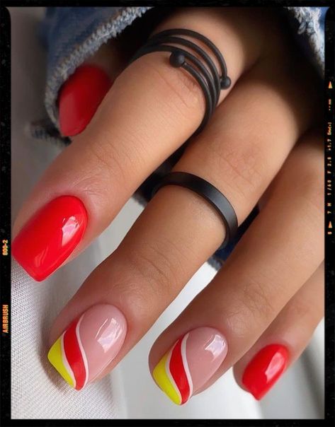 Red Yellow And White Nails, Yellow Red Nails Art Designs, Orange Red Nails Design, Red And Yellow Nail Designs, Yellow And Red Nails, Red And Yellow Nails, Ongles Gel French, Yellow Combination, Shiny Nails Designs