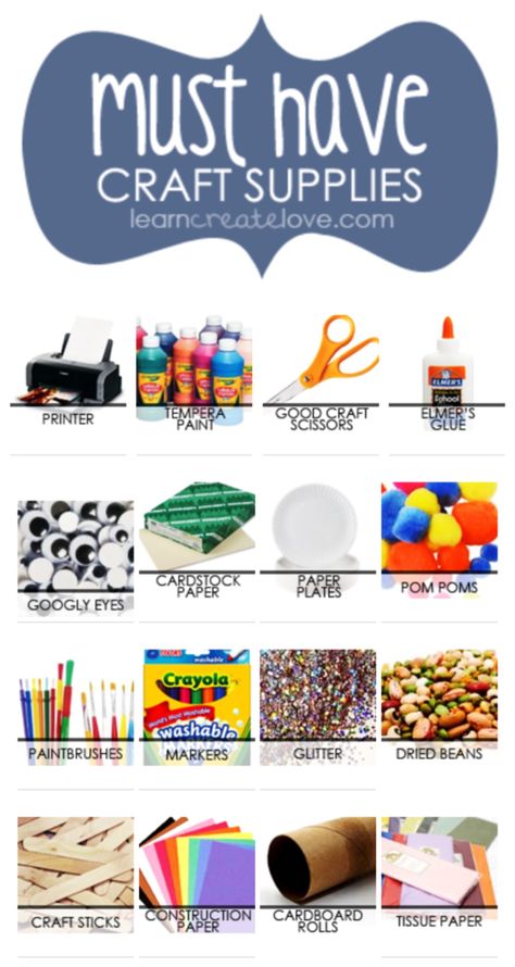 'Must-Have Craft Supplies...!' (via LearnCreateLove.com) List Of Craft Supplies, Fun Art Supplies, Craft Essentials List, Must Have Craft Supplies, Craft Materials Art Supplies, Busniss Ideas, Art Trolley, Craft Supplies Inventory, Free Craft Supplies