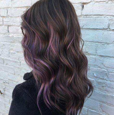 We love how this brunette Aveda color pops with a little burst of purple highlights. Work by Aveda artist Lorin Kay Victor. Purple Highlights Brown Hair, Purple Brown Hair, Purple Hair Highlights, Purple Balayage, Aveda Hair, Aveda Color, Bronde Hair, Purple Highlights, Physical Beauty