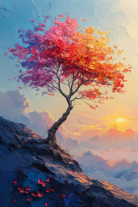 Lone Tree Surrealism - Enea Kelo Tree Canvas Paintings, Tree Painting Canvas, Tree Project, Fantasy Tree, Magical Tree, Rainbow Tree, Quotes Spirituality, Lone Tree, Contrasting Colours