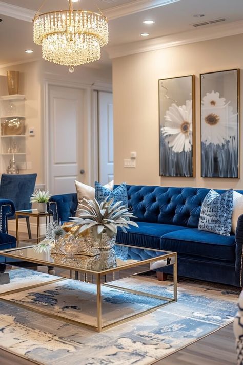 29 Coastal Apartment Decor ideas for a Breezy Feel Blue Gold Living Room, Royal Blue Decor, Teal Blue Living Room, Coastal Apartment Decor, Opulent Decor, Glam Apartment, Coastal Apartment, Apartment Decor Ideas, Coastal Glam