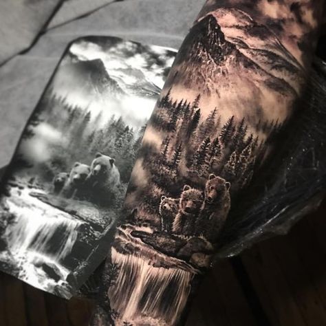 Waterfall Tattoo, Natur Tattoo Arm, Bear Tattoo Designs, Tattoo Diy, Nature Tattoo Sleeve, Wolf Tattoo Sleeve, Bear Tattoos, Forest Tattoos, Landscape Tattoo