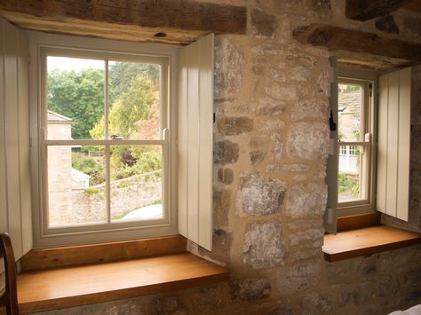 P9188314 Shutters Interior Window, Wooden Casement Windows, Bedroom Shutters, Cottage Shutters, Barn Windows, Foyer Ideas Entryway, Country Cottage Interiors, Cottage Windows, Barn Kitchen