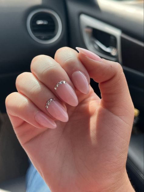 30 Simple Yet Beautiful Nail Extension Designs to Adorn Yourself Rose Gold Simple Nails, Almond Shaped Nails With Gems, Almond Nails Designs With Diamonds, Ombre Almond Nails With Rhinestones, Natural Acrylic Nails With Rhinestones, Pink Glitter Nails With Gems, Nails With Rhinestones At Cuticle, One Color Nails With Rhinestones, Gel Nails With Rhinestones Simple