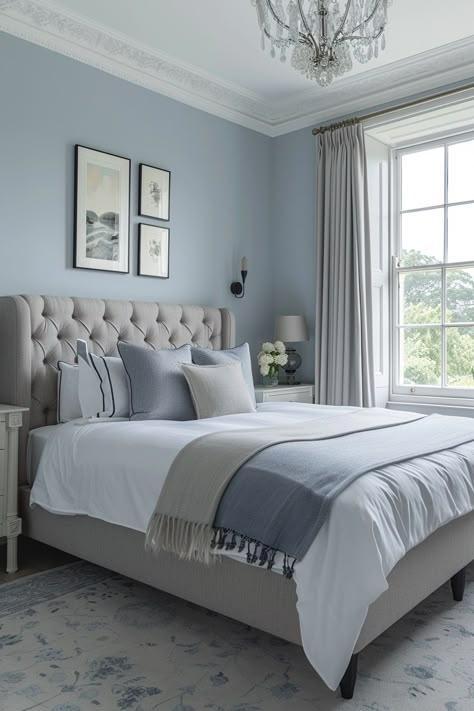 14 Blue And Grey Bedroom Interior Designs You Have To See! - My Decor Inspo Bedroom Color Ideas Blue, Bedroom Duck Egg Blue, Room Color Ideas Aesthetic, Duck Egg Blue Bedroom Ideas, Serene Blue Bedroom, Gray Blue Bedroom Ideas, Blue Inspired Bedroom, Blue Accent Wall In Bedroom, Blue Grey Paint Color For Bedroom