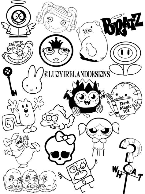 Y2k Design Tattoo, Sanrio Tattoo Flash Sheet, Cartoon Outline Tattoo, Tattoo Sheets Small, Mini Tattoo Flash Sheet, Unique Flash Tattoo Ideas, Y2k Tattoo Flash Sheet, Tattoo Idea Sheet, Trippy Flash Sheet