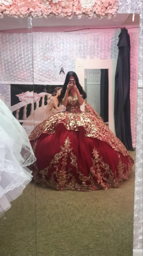 #quinceanera #red Quince Red Dress With Gold, Red Quinceanera Dresses Corsets, Quince Dresses Red And Gold Mexican, Wine Red And Gold Quinceanera Dresses, 15 Dresses Quinceanera Red And Gold, Dark Red With Gold Quinceanera Dresses, Red And Gold Quince Dress Charro, Quinseñeras Dress Red, Red And Gold Dress Quinceanera