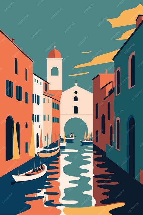 Premium Vector | Flat vector gondola venice grand canal italy city attraction background Illustration Art Building, Vector Art Illustration Graphics, Gondola Venice, Italy Illustration, Phone Wallpapers Vintage, Italy City, Town Art, Abstract Expressionist Art, Creative Architecture