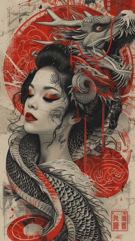 Tattoos Doodles, Japanese Geisha Drawing, Female Samurai Art, Geisha Tattoo Design, Notan Art, Japanese Art Samurai, Female Samurai, Samurai Tattoo Design, Dragon Tattoos