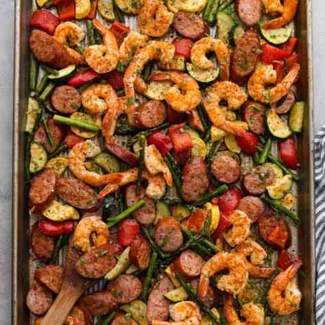 Cajun Shrimp and Sausage Vegetable Sheet Pan - The Recipe Critic Cajun Sausage And Vegetables, Sheet Pan Fish And Veggies, Sausage And Shrimp Recipes, Vegetable Sheet Pan, Keto 2023, Cajun Shrimp And Sausage, Shrimp And Sausage, Shrimp Sausage, Shrimp And Vegetables