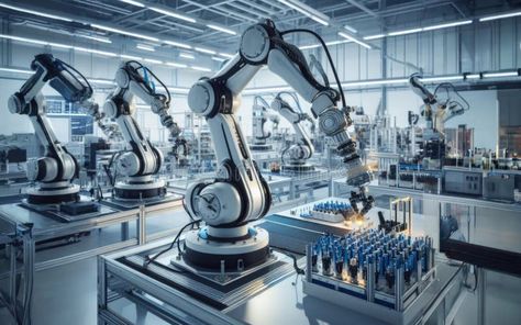 Robot Arms on Fully Automated Assembly Line Inside Modern Electronics Factory stock images Industrial Manufacturing, Smart Factory, Manufacturing Factory Design, Robot Factory, Manufacturing Factory, Modern Factory, Laboratory Design, Factory Architecture, Assembly Line