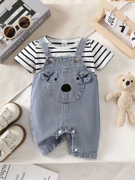 Blue  Collar Sleeveless Denim Cartoon,Colorblock,Striped Overall Embellished Non-Stretch  Baby Boys Clothing Newborn Baby Onesies, Baby Boy Cartoon, Ear Design, Boys Stripes, Boy Onesie, Baby Boy Romper, Baby Boy Onesies, Boys Romper, Denim Romper