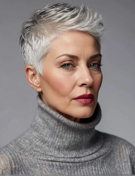 Cool Grey Hair Women, Funky Grey Hairstyles Over 50, Cropped Blonde Hair, Pixie Over 60 Older Women, Short Funky Hairstyles For Women, Short Gray Hair With Lowlights Over 50, Back Of Short Hair, Short Grey Hair Styles, Edgy Short Hair For Women Over 50