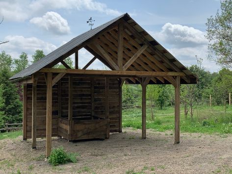 Horse shelters horse hobby farm Horse Shelter With Hay Feeder, Horse Shelter With Hay Storage, Covered Round Bale Feeder Diy, Round Bale Hay Feeder For Horses, Simple Horse Shelter, Diy Round Bale Feeder, Horse Pasture Shelter, Horse Shelter Ideas Cheap, Diy Horse Shelter