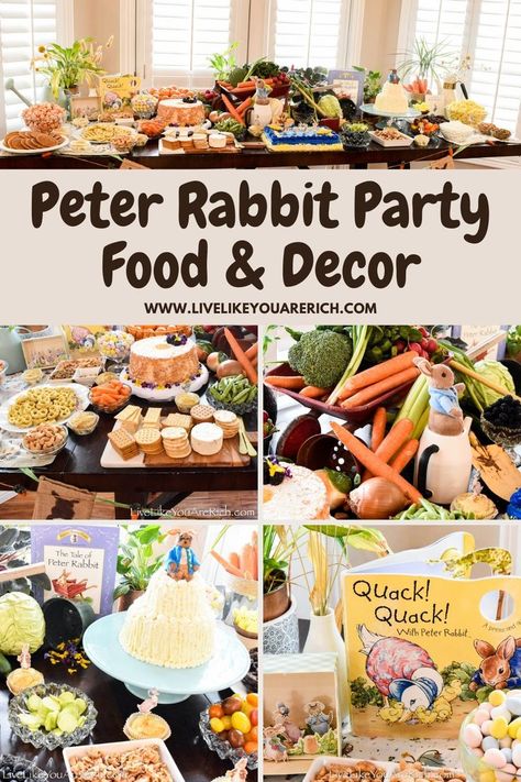 Food For Peter Rabbit Party, Peter Rabbit Party Food Ideas, Peter Rabbit Themed Party Food, Peter Rabbit Birthday Food Ideas, Bunny Themed Food Party Ideas, Peter Rabbit Food Table, Peter Rabbit Shower Food, Peter Rabbit Birthday Party Food, Peter Rabbit Centerpieces