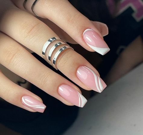 Light Pink Nail Art Design, Light Pink Nails With White French Tip, Light Pink And White Nail Designs, Pink Nails With White Lines, Nail Inspo Pink And White, White And Light Pink Nails, Light Pink And White Nails, Baby Pink Nails Design, Baby Pink Nail Designs