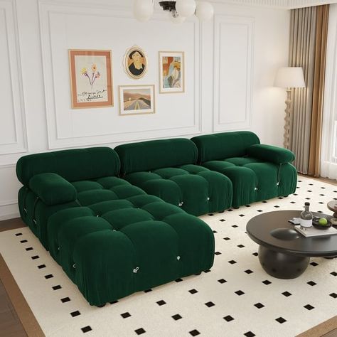 104" Wide Velvet Reversible Modular Sofa & Chaise with Ottoman - On Sale - Bed Bath & Beyond - 35546096 Emerald Green Sectional Sofa, Boho Velvet Couch, Vibrant Home Decor, Emerald Green Couch Living Room Ideas, Forest Green Couch, Emerald Couch, Funky Living Room Ideas, Green Sectional Sofa, Green Couch Living Room Ideas