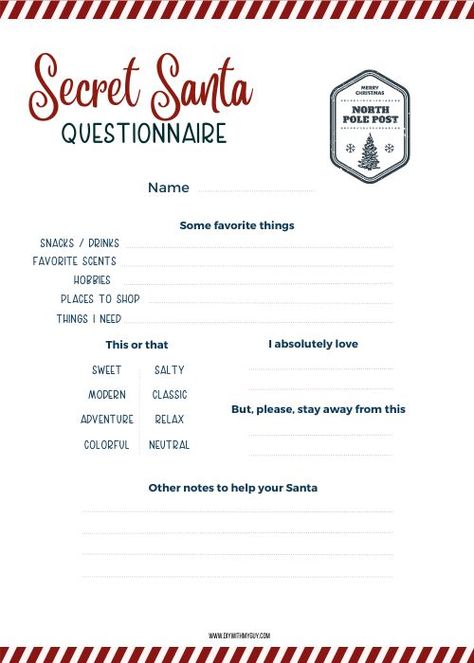 7 FREE Printable Secret Santa Questionnaires, Forms, & Tags - DIY With My Guy Free Printable Secret Santa Questionnaire For Coworkers, Secret Santa Questionnaire For Coworkers Free Printable Free, Free Printable Secret Santa Wish List, Secret Santa Template Free Printable, Secret Santa Form Free Printable, Secret Santa Questionnaire For Coworkers Free Printable, Secret Santa List Template, Secret Santa Questionnaire Free Printable, Free Secret Santa Questionnaire