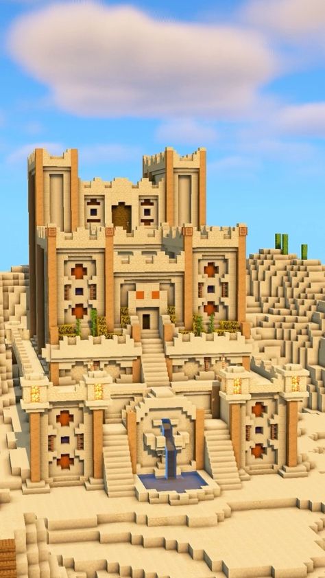 Oasis Minecraft House, Minecraft Sandcastle Build, Sand Castle Minecraft Build, Minecraft Desert Mega Base, Desert Starter Base Minecraft, Desert Biome House Minecraft, Desert Pyramid Minecraft, Sand Base Minecraft, Minecraft Egyptian Temple