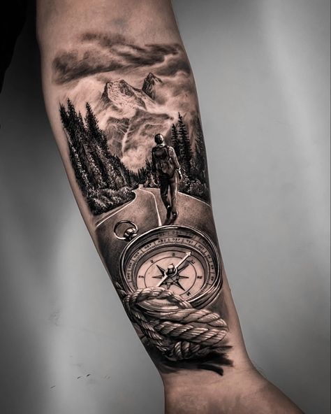 44 Tattoo, Natur Tattoo Arm, Wilderness Tattoo, Arm Tattoos For Guys Forearm, Nature Tattoo Sleeve, Country Tattoos, Realistic Tattoo Sleeve, Hiking Tattoo, Cool Arm Tattoos