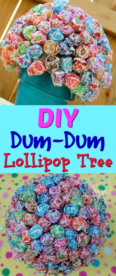 This #DIY Dum-Dum Lollipop Tree is perfect for toddlers or use it as a teacher gift! It's incredibly simple and so much fun to gift or receive! #Craft | via SensiblySara.com Dum Dum Centerpiece Diy, Dum Dum Suckers Ideas, 100 Days Of School Lollipop Bouquet, Dum Dum Flower Pot Lollipop Tree, Dum Dum Sucker Ideas, Sucker Tree Lollipop Bouquet, Dum Dum Bouquet Diy, Lollypop Gift Ideas, Diy Sucker Stand