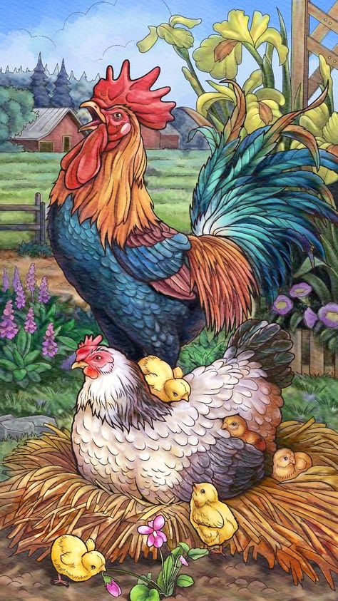 Chicken Drawing, Chicken Pictures, Rooster Painting, Farm Paintings, Chicken Painting, Rooster Art, Farm Art, Chicken Art, Tableau Art