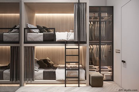 Your servise staff also needs perfect design. on Behance Modern Dormitory, Bunker Bed, Modern Bunk, Bunk Bed Rooms, Hostels Design, Hostel Room, Bunk Beds Built In, Cool Bunk Beds, Maids Room