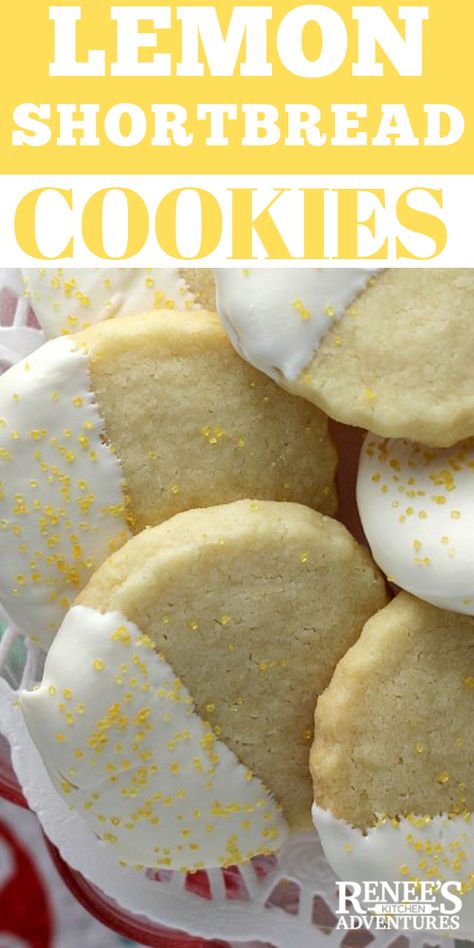 Lemon Shortbread Cookies by Renee's Kitchen Adventures - Easy cookie recipe for lemon shortbread cookies that has no eggs. This dough is so easy to work with. The cookies are crisp, flaky and very buttery with a hint of lemon flavor. #cookies #shortbreadcookies #lemoncookies Easy Cookie Recipe, Lemon Shortbread, Lemon Shortbread Cookies, Lemon Cookies Recipes, Baking Stuff, Buttery Shortbread Cookies, Shortbread Cookie Recipe, Lemon Flavor, Cookie Party