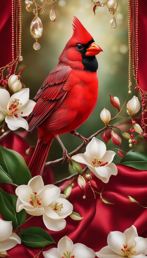 red cardinal and luxuory decoration made of precious jewels and magnolias - AI creation Red Cardinal Wallpaper, Oyster Ideas, Cup Pictures, Cardinals Wallpaper, Red Cardinal Christmas, Cardinals Birds, Cardinal Birds Art, Cardinal Couple, Cardinal Painting