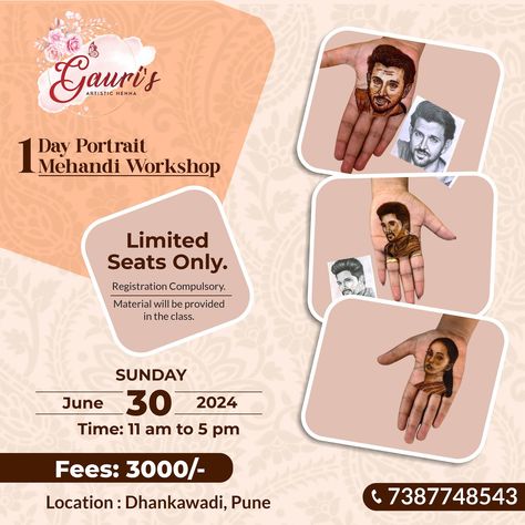 Enhance your skills with our 1 Day Portrait Mehandi Class on 30th June, Time 11 am to 5 pm. Registration Compulsory. Fees 3000/-. (Offline class) Limited Seats Only! 🌟 #Gaurisartisticheena #PortraitMehandiClass #OneDayWorkshop #MehandiArt #PortraitDesign #MehandiWorkshop #LearnPortraitMehandi Mehendi Artist, Latest Bridal Mehndi Designs, Portrait Design, Bridal Mehndi Designs, Bridal Mehndi, Artist On Instagram, 1 Day, Mehndi Designs, Quick Saves