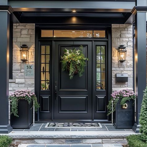 Tudor House Front Door, Black Front Door With Black Trim, Black Front Door With Sidelights Modern, Front Door With Red Brick House, Huge Front Door, Brick House With Black Door, Front Door Ideas Black, French Front Doors Entrance, Black Front Door Hardware