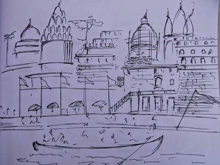 GHat Kashi Ghat, Temple Painting, Awesome Drawing, Rain Art, Travel Sketches, Drawings Simple, Krishna Art, Illustration Sketches, Art Drawings Simple