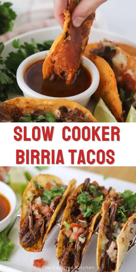 Slow Cooker Beef Tacos Recipes, Birria Crock Pot Recipes, Birria Taco Recipes Easy, Authentic Shredded Beef Tacos, Tacos With Roast Meat, Baked Birria Tacos, Birria Tacos Not Spicy, Birria Taco Pizza Recipe, Not Spicy Birria Tacos