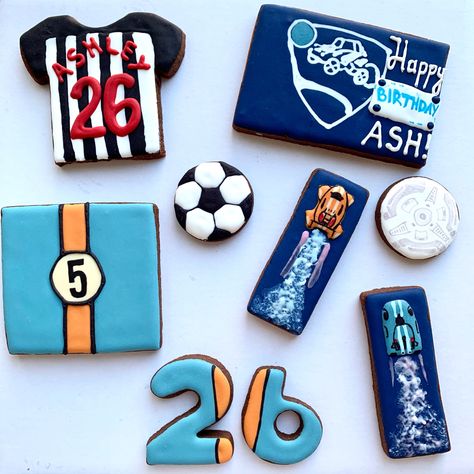 Cookiemisable Rocket League/Football themed decorated cookies with royal icing Happy 26th Birthday, Cookies With Royal Icing, 26th Birthday, Rocket League, Cookies Decorated, Royal Icing Cookies, Decorated Cookies, Royal Icing, Birthday Theme