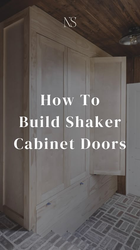 How to make custom shaker cabinet doors with a table saw. How to make tall cabinet doors with pine wood and plywood. Beginner friendly DIY cabinet door tutorial. DIY inset cabinet doors. How to built inset cabinet doors and drawers. DIY built ins with Ikea Pax closet frames. Custom mudroom closet. Ikea closet hack. | Nadine Stay #DIYproject #cabinetdoors #diycabinetdoors #shakerdoors #builtin #cabinetry #ikeacloset #ikeahack How To Make Pantry Cabinet, Build Your Own Cabinet Doors, Diy Large Cabinet Doors, How To Build Custom Cabinets, How To Make A Kitchen Cabinet, Custom Cabinet Door, Cabinet Building, Build A Cabinet With Doors, Easy Cabinet Doors