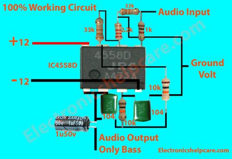 if we want the only bass then we have to use the circuit diagram as a preamplifier to our amplifier. before the main amplifier circuit, we have to use this circuit. normally only computer subwoofer we can see the sub box. but now we can use any amplifier as a subwoofer amplifier by using this circuit diagram. here in this circuit, we use 4558D ic. Subwoofer Diy, Amplificatori Audio, Diy Subwoofer, Low Pass Filter, Basic Electronics, Basic Electronic Circuits, Mini Amplifier, Hifi Amplifier, Circuit Board Design