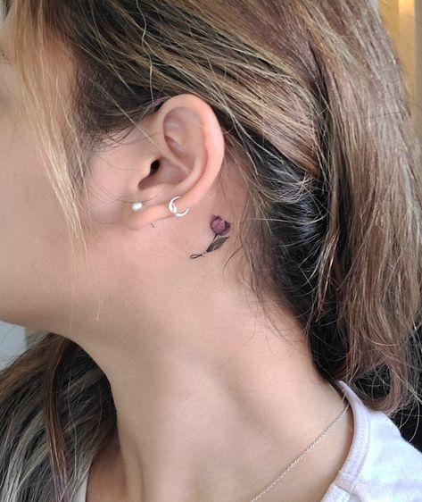 J Initial Tattoo, Tattoo Behind The Ear, Purple Flower Tattoos, J Initial, Tulip Tattoo, Initial Tattoo, Peonies Tattoo, Purple Tulips, Tulip Flower