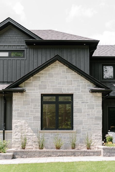 The Forest Ridge Home — KAJ White Rock Exterior Homes, Organic Modern House Exterior, Dark Stone Exterior Houses, Grey And Black House Exterior, Color Exterior House Colors, Farmhouse Colours, Shoreline Ideas, Dark Farmhouse Exterior, Craftsman House Exterior